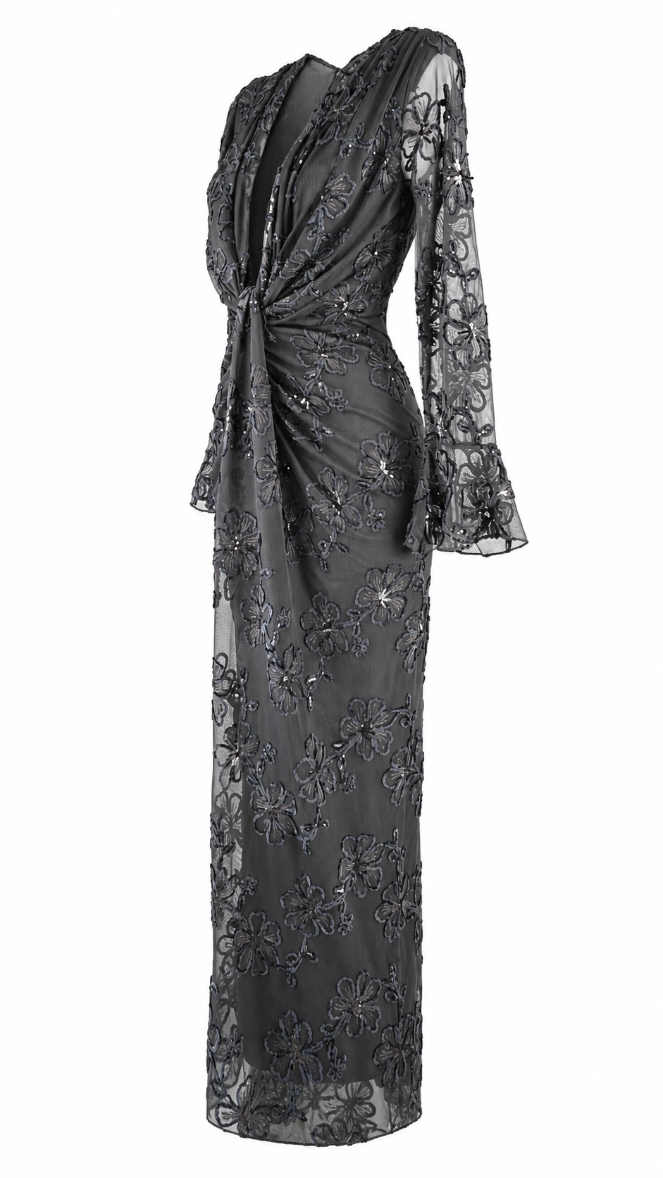 Abito lungo in tulle ricamato floreale con paillettes e scollo profondo a V