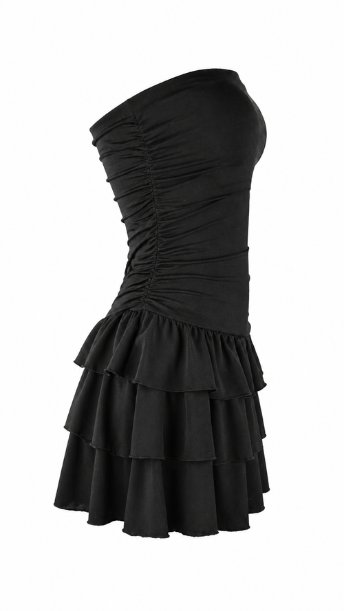 Minivestido palabra de honor con falda de volantes