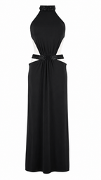 Abito lungo cut-out con collo halter e dettagli in paillettes