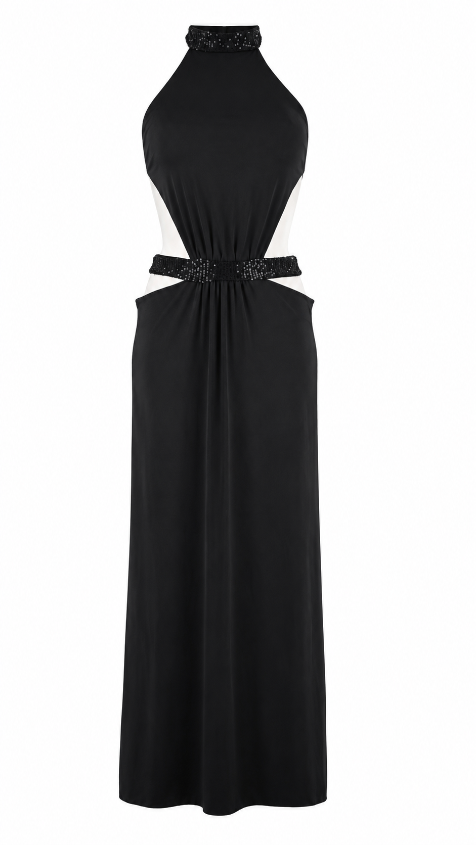 Abito lungo cut-out con collo halter e dettagli in paillettes
