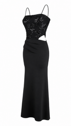 Abito lungo cut-out con corpetto in paillettes