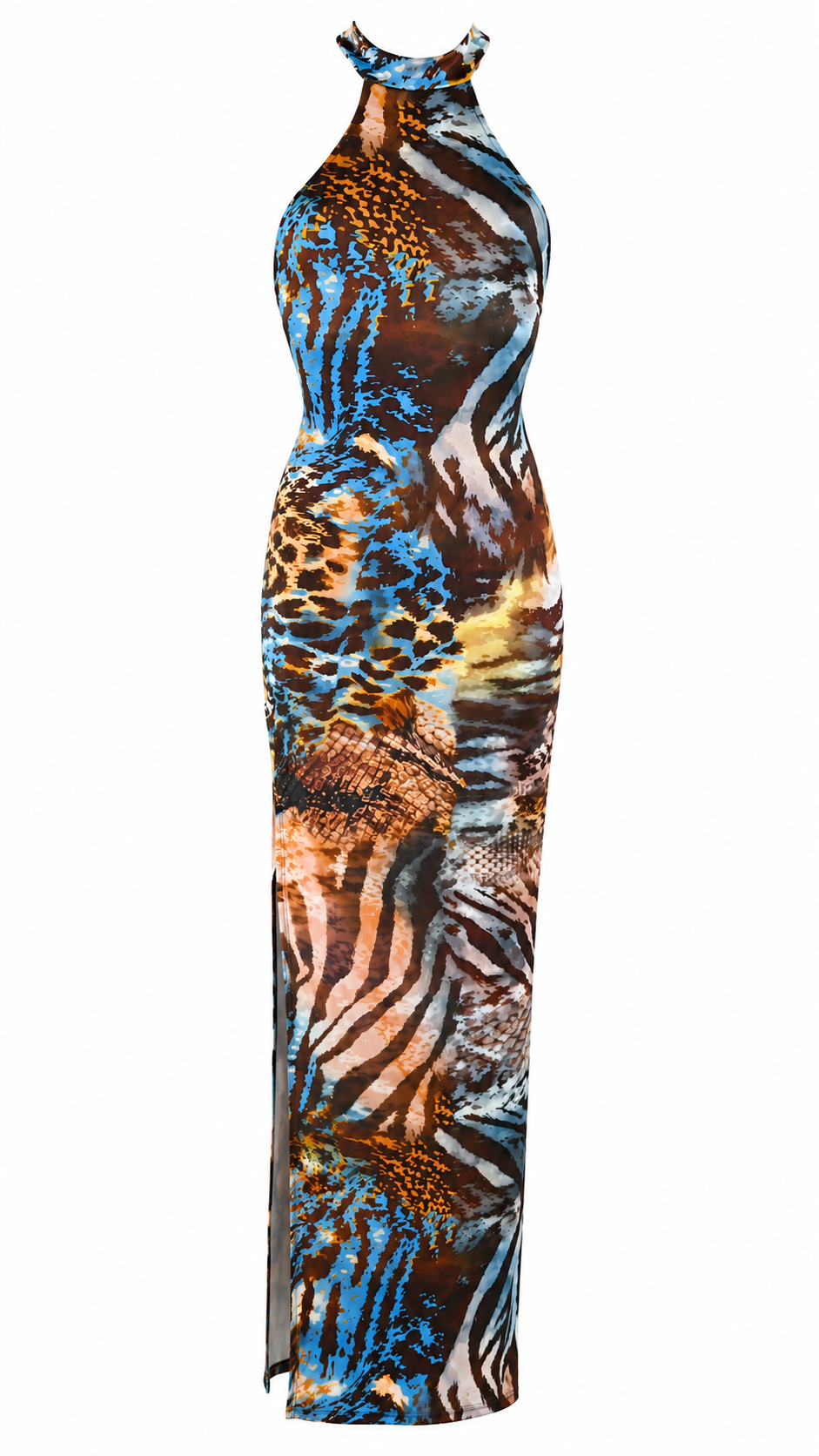 Abito lungo halter aderente con schiena racerback e spacco laterale