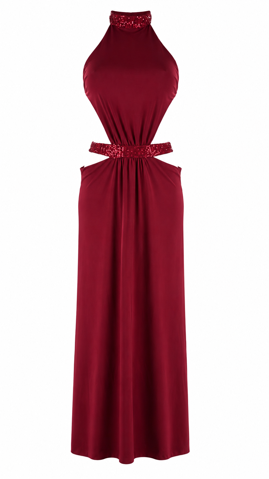 Abito lungo cut-out con collo halter e dettagli in paillettes