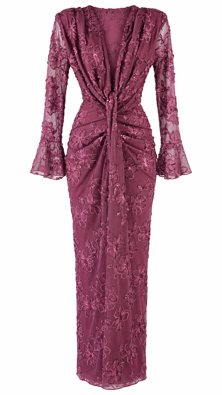 Abito lungo in tulle ricamato floreale con paillettes e scollo profondo a V