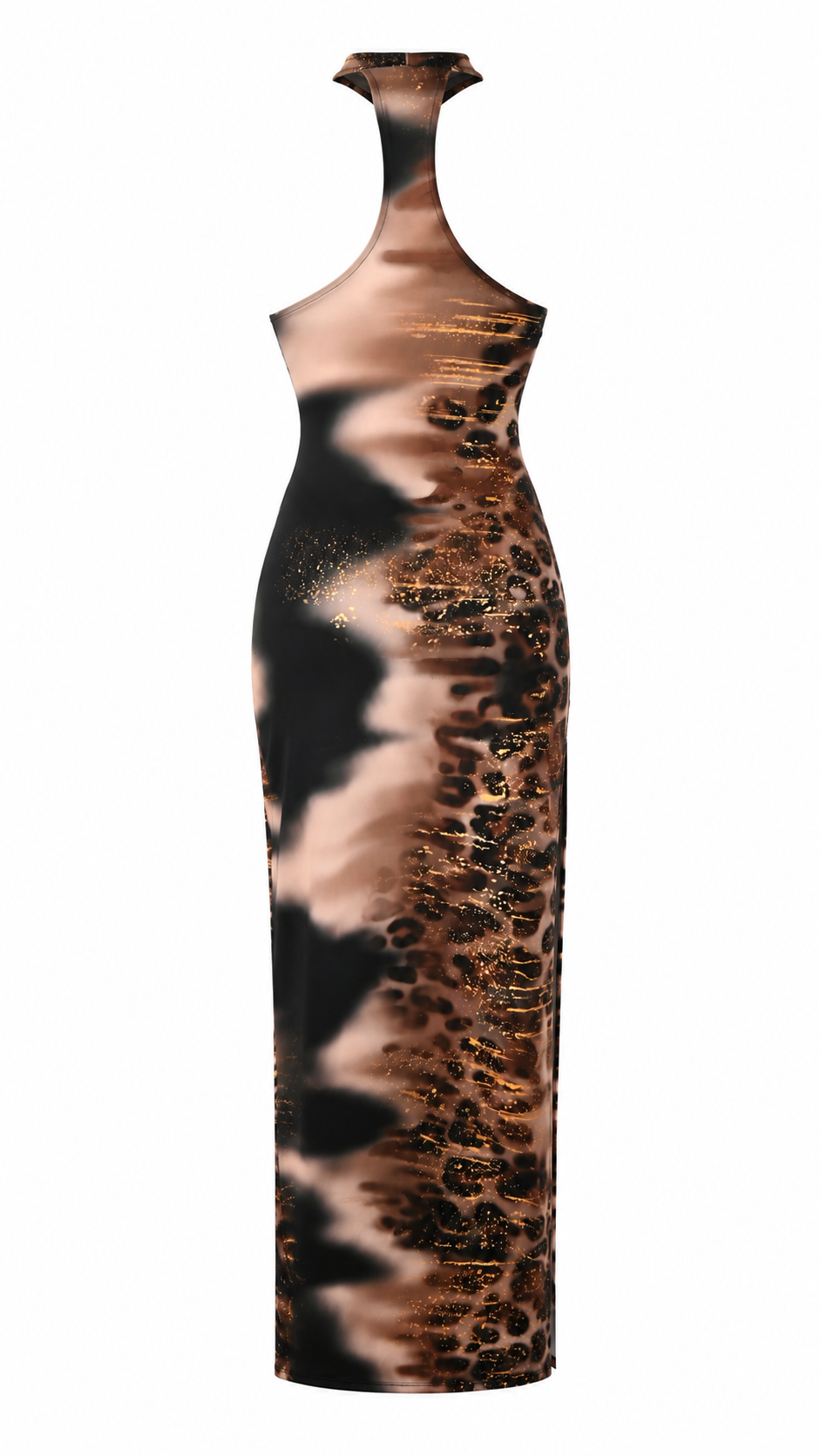 Abito lungo halter aderente con schiena racerback e spacco laterale