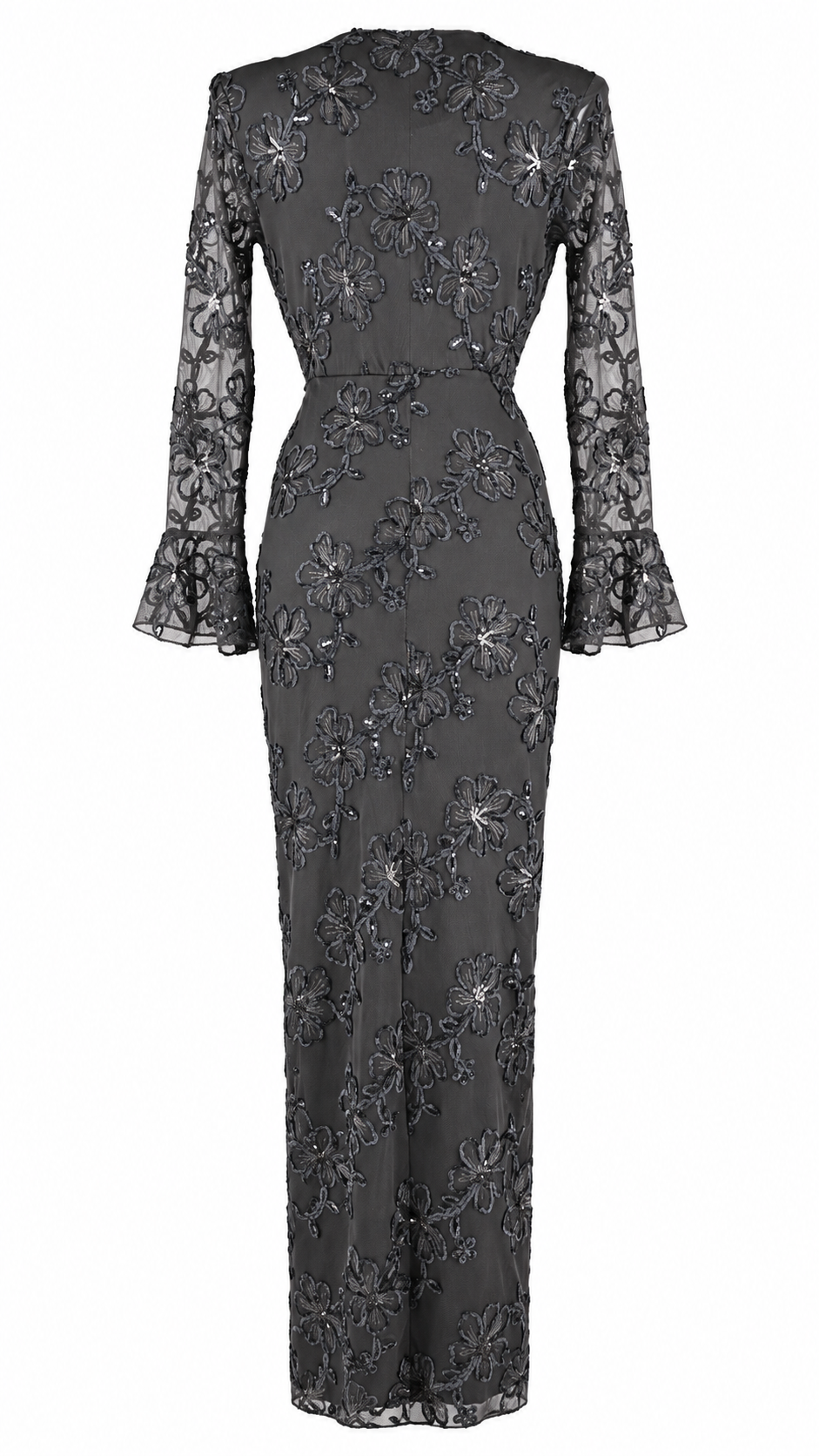 Abito lungo in tulle ricamato floreale con paillettes e scollo profondo a V