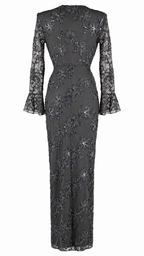 Abito lungo in tulle ricamato floreale con paillettes e scollo profondo a V