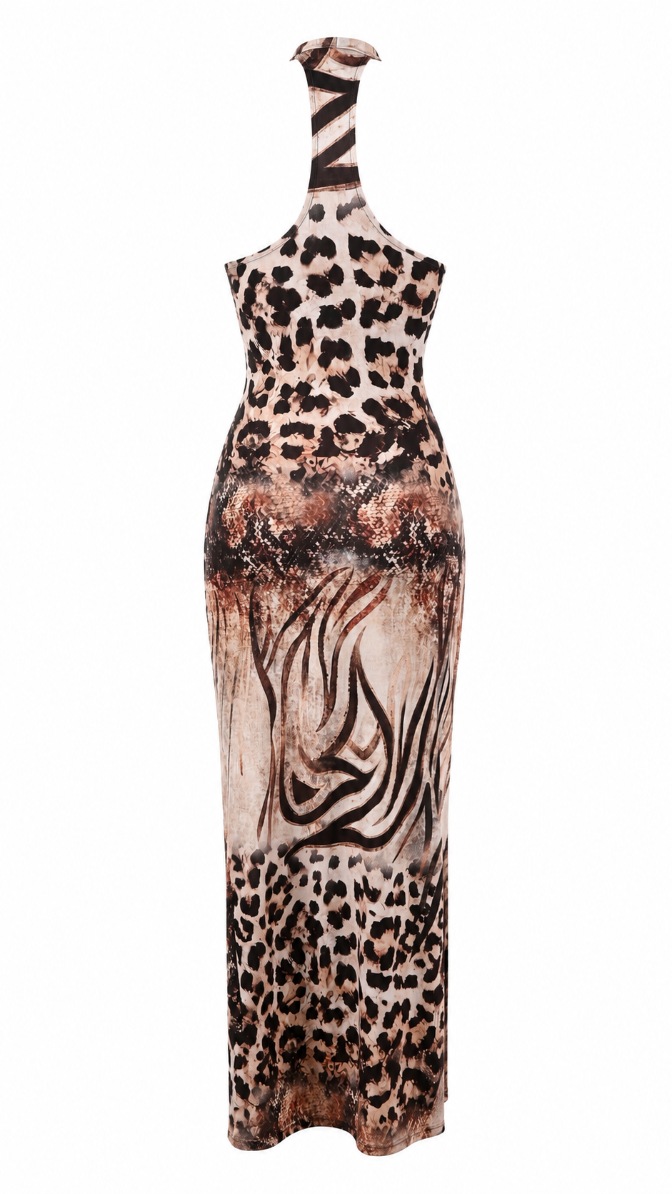 Abito lungo halter aderente con schiena racerback e spacco laterale