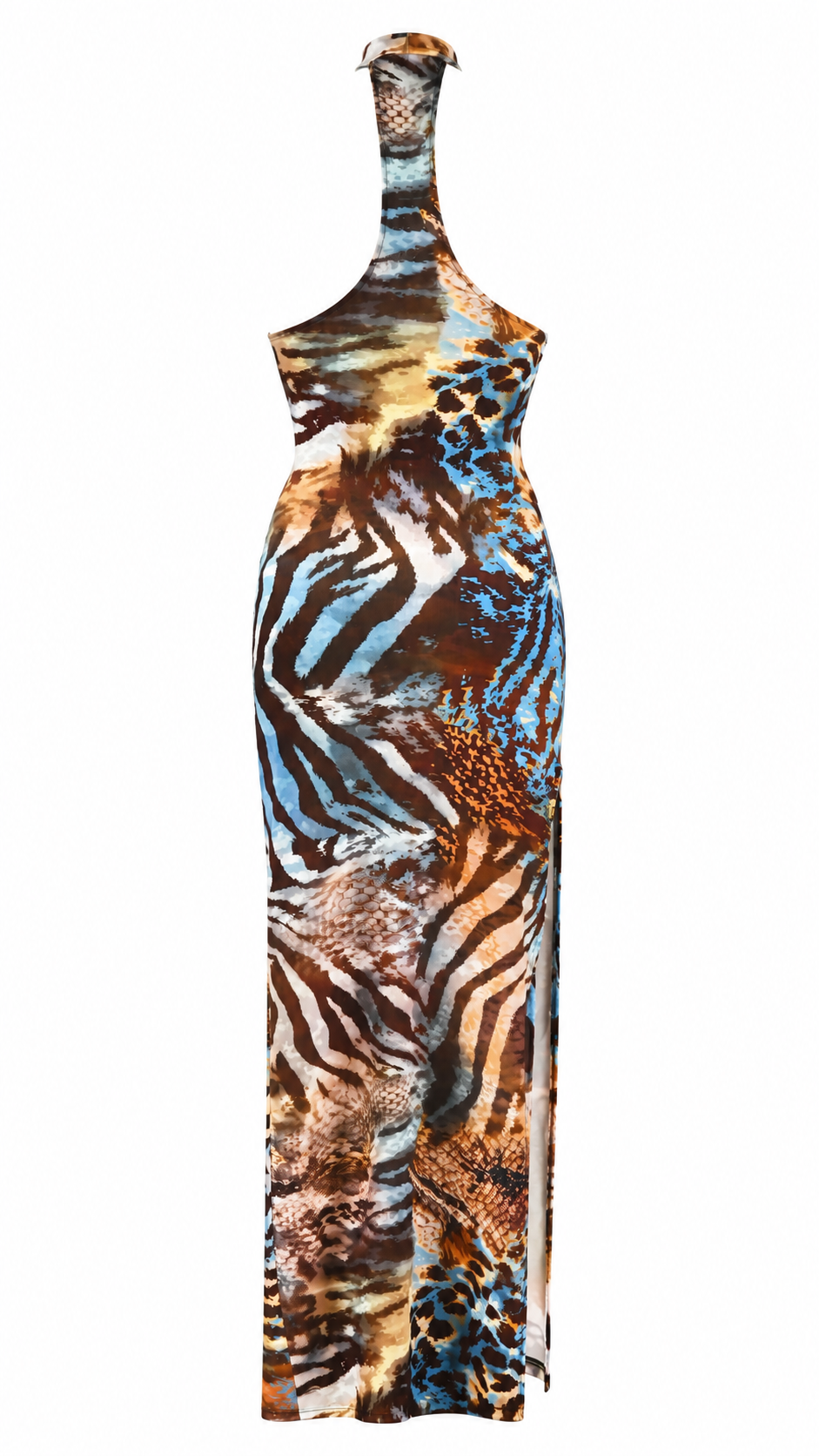 Abito lungo halter aderente con schiena racerback e spacco laterale