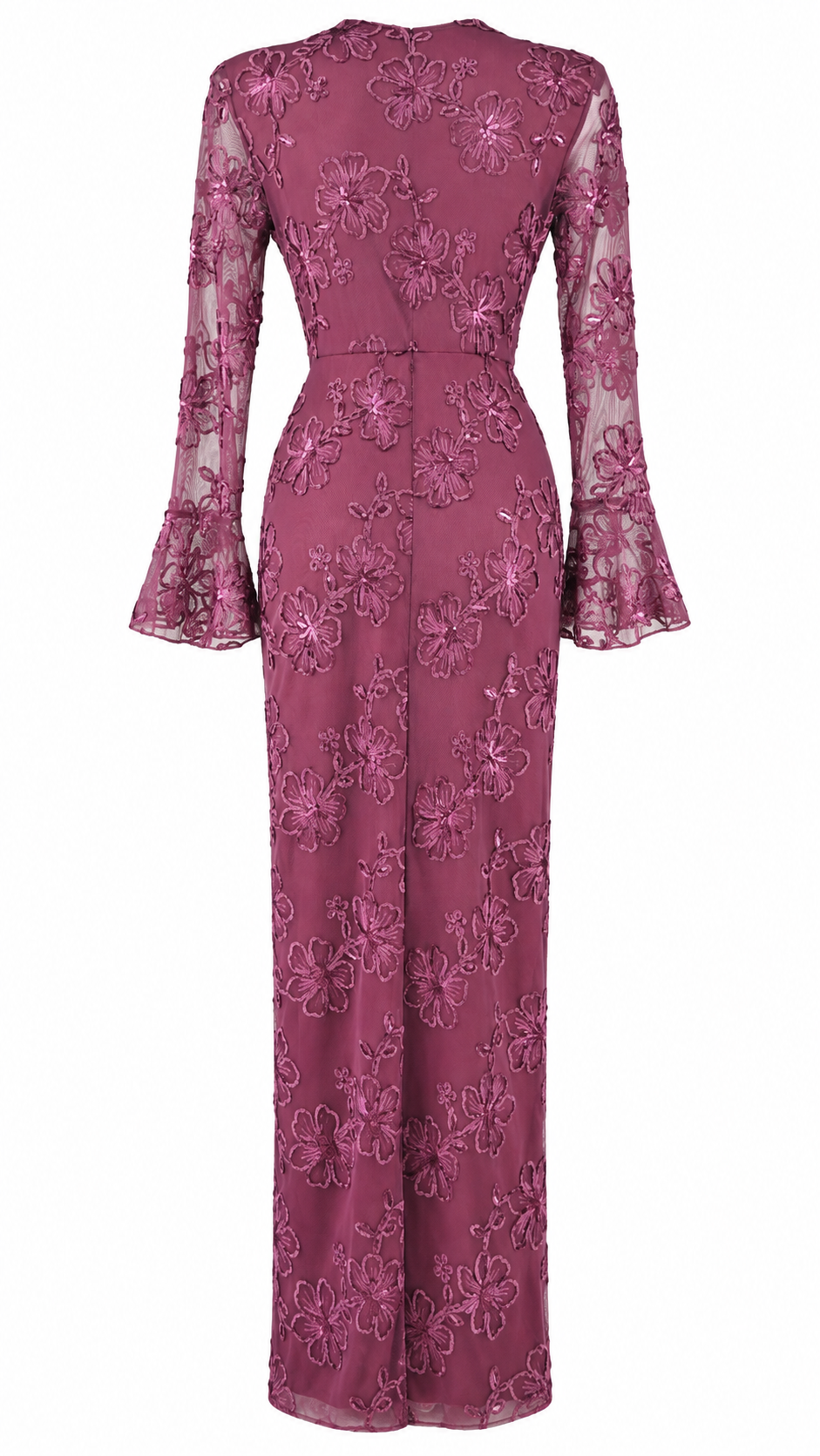 Abito lungo in tulle ricamato floreale con paillettes e scollo profondo a V
