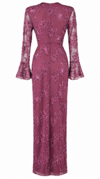 Abito lungo in tulle ricamato floreale con paillettes e scollo profondo a V