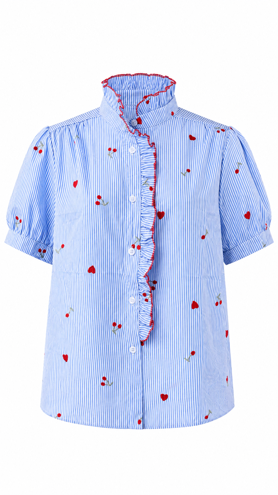Camicia a righe con ricami a ciliegia e cuore