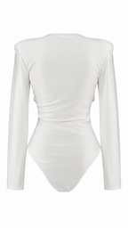 Body elegante a maniche lunghe con spalle strutturate e fascia drappeggiata annodata