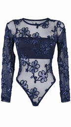 Body a maniche lunghe in tulle trasparente con ricami floreali e paillettes