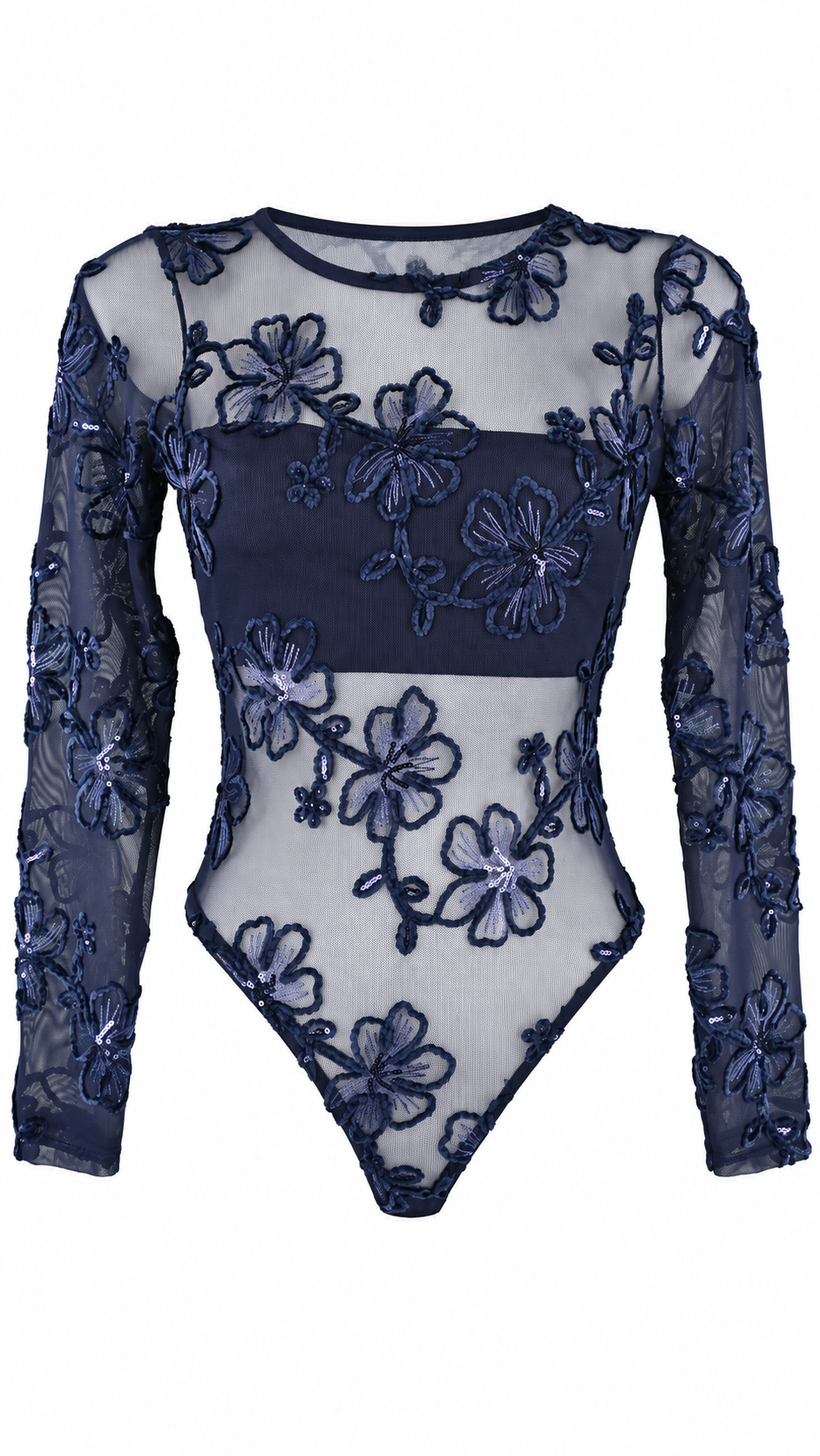 Body a maniche lunghe in tulle trasparente con ricami floreali e paillettes