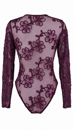 Body a maniche lunghe in tulle trasparente con ricami floreali e paillettes