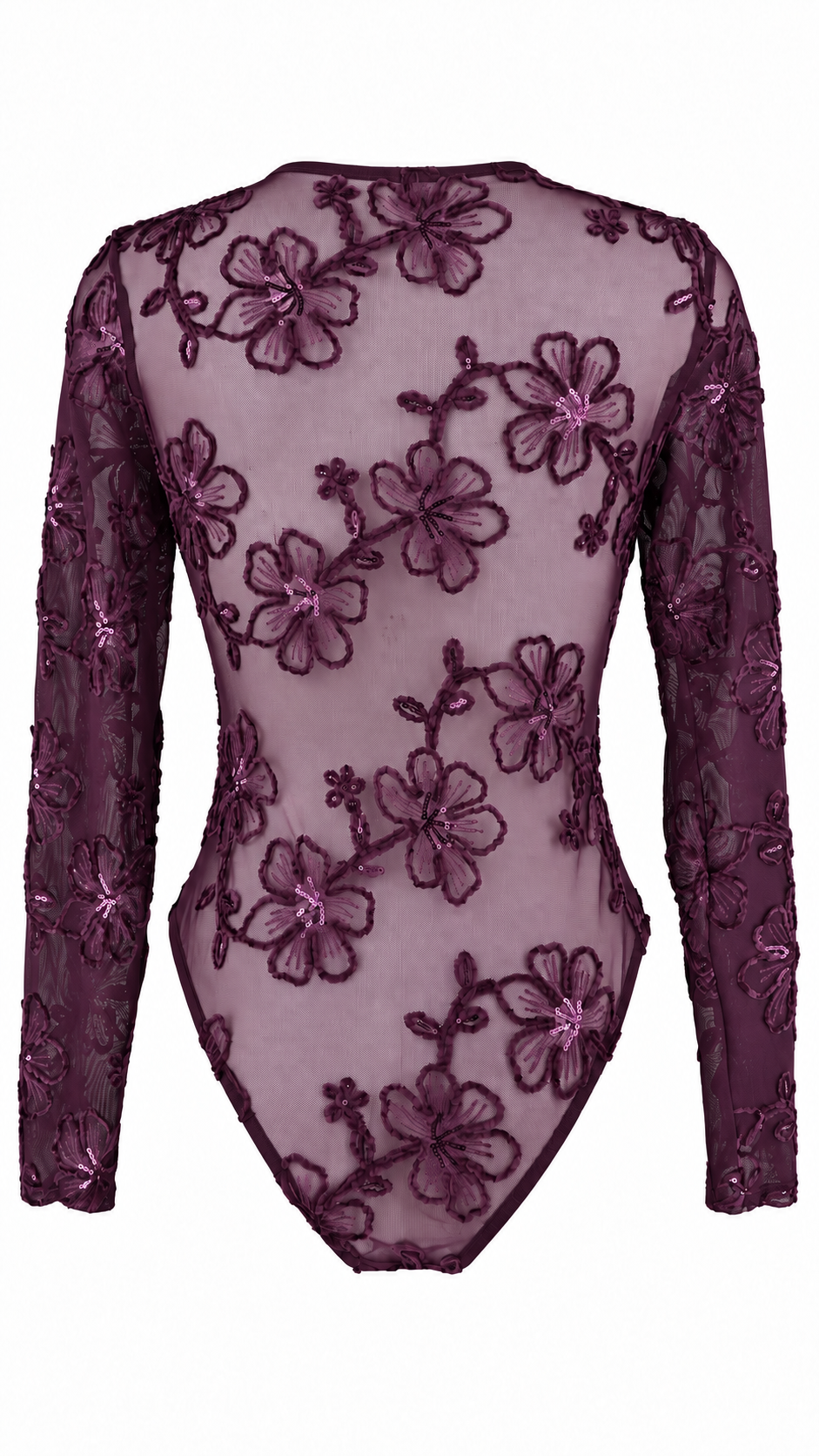 Body a maniche lunghe in tulle trasparente con ricami floreali e paillettes
