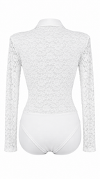 Body camicia in pizzo semitrasparente con colletto, bottoni frontali e maniche lunghe