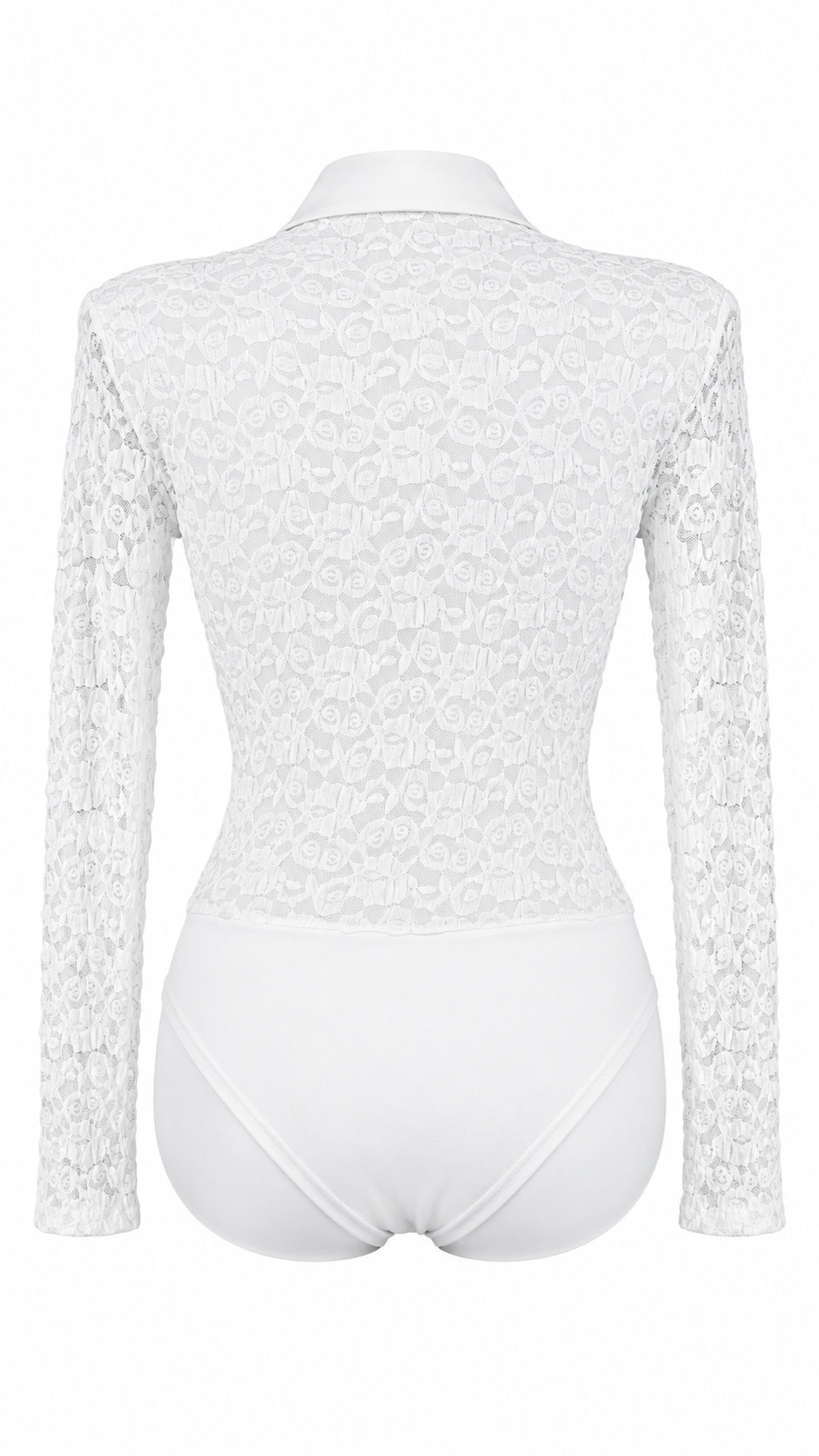Body camicia in pizzo semitrasparente con colletto, bottoni frontali e maniche lunghe