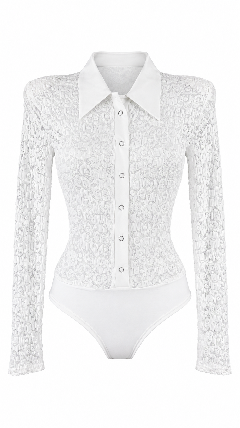 Body camicia in pizzo semitrasparente con colletto, bottoni frontali e maniche lunghe