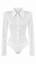 Body camicia in pizzo semitrasparente con colletto, bottoni frontali e maniche lunghe