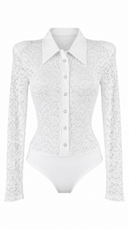 Body camicia in pizzo semitrasparente con colletto, bottoni frontali e maniche lunghe