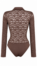 Body camicia in pizzo semitrasparente con colletto, bottoni frontali e maniche lunghe