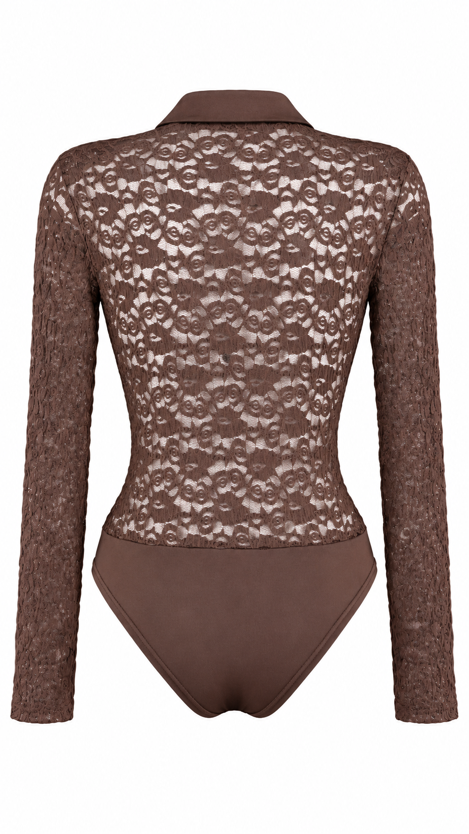 Body camicia in pizzo semitrasparente con colletto, bottoni frontali e maniche lunghe