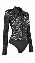 Body camicia in pizzo semitrasparente con colletto, bottoni frontali e maniche lunghe