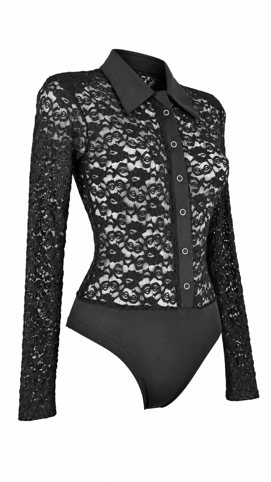 Body camicia in pizzo semitrasparente con colletto, bottoni frontali e maniche lunghe