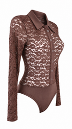 Body camicia in pizzo semitrasparente con colletto, bottoni frontali e maniche lunghe