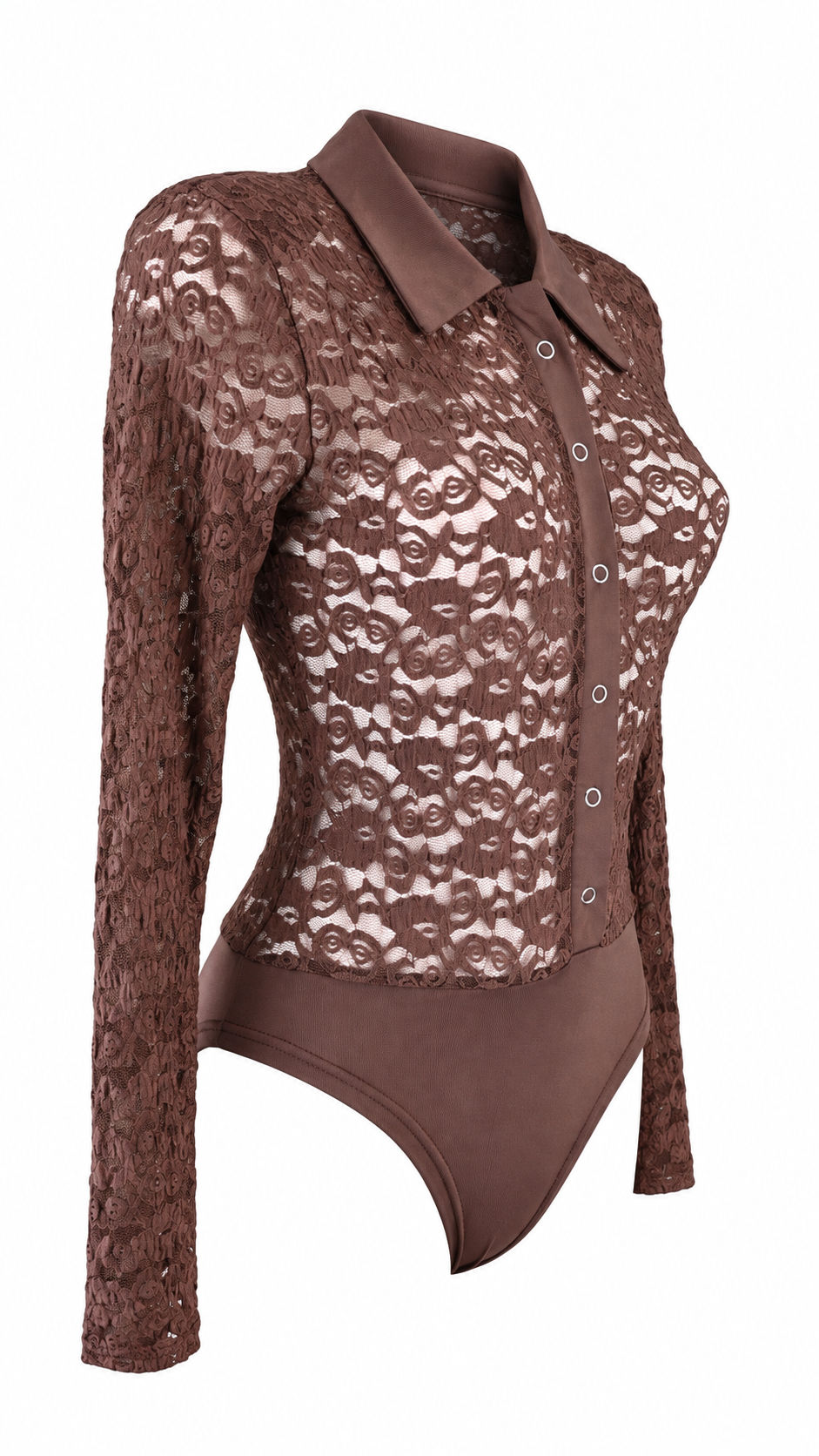 Body camicia in pizzo semitrasparente con colletto, bottoni frontali e maniche lunghe