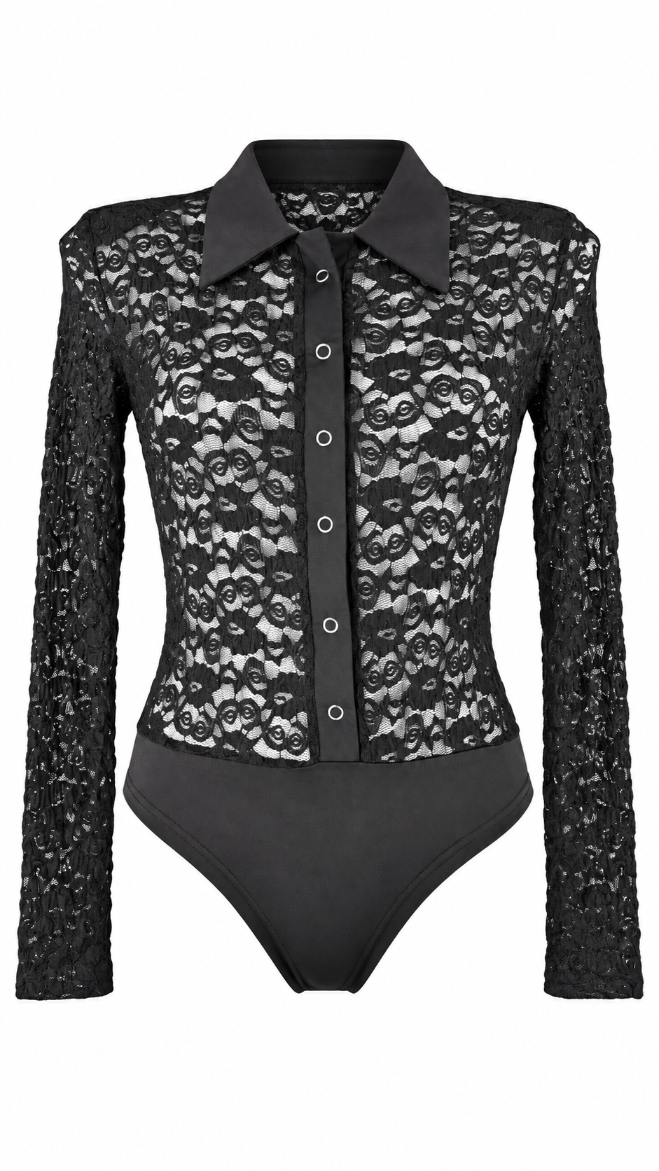 Body camicia in pizzo semitrasparente con colletto, bottoni frontali e maniche lunghe