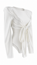 Body elegante a maniche lunghe con spalle strutturate e fascia drappeggiata annodata
