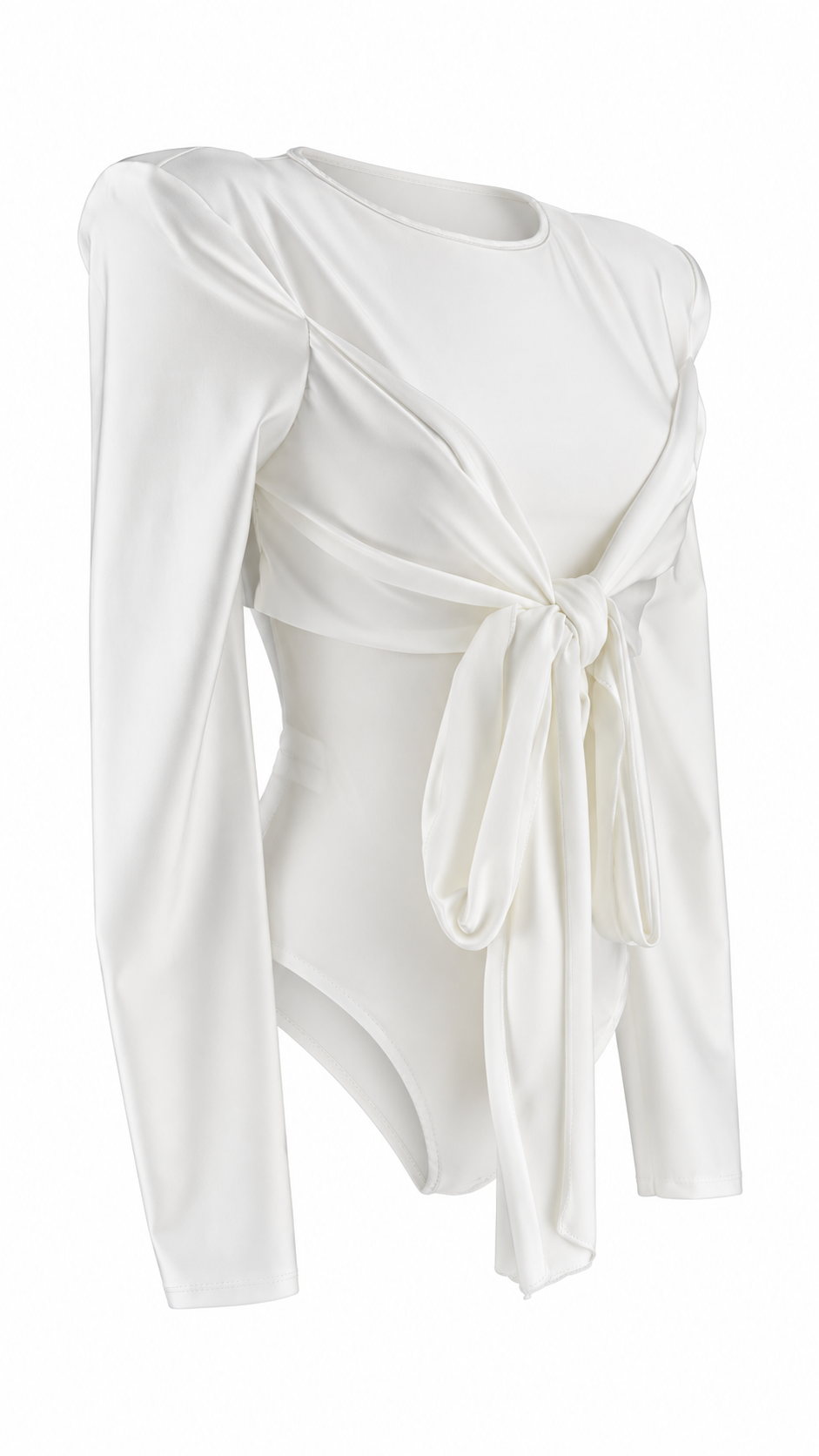 Body elegante a maniche lunghe con spalle strutturate e fascia drappeggiata annodata