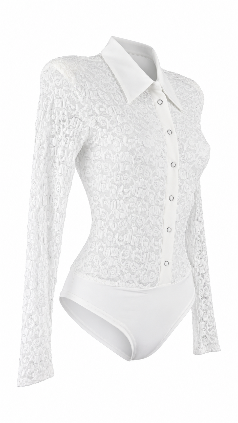 Body camicia in pizzo semitrasparente con colletto, bottoni frontali e maniche lunghe