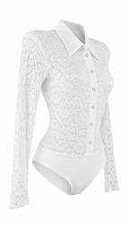 Body camicia in pizzo semitrasparente con colletto, bottoni frontali e maniche lunghe