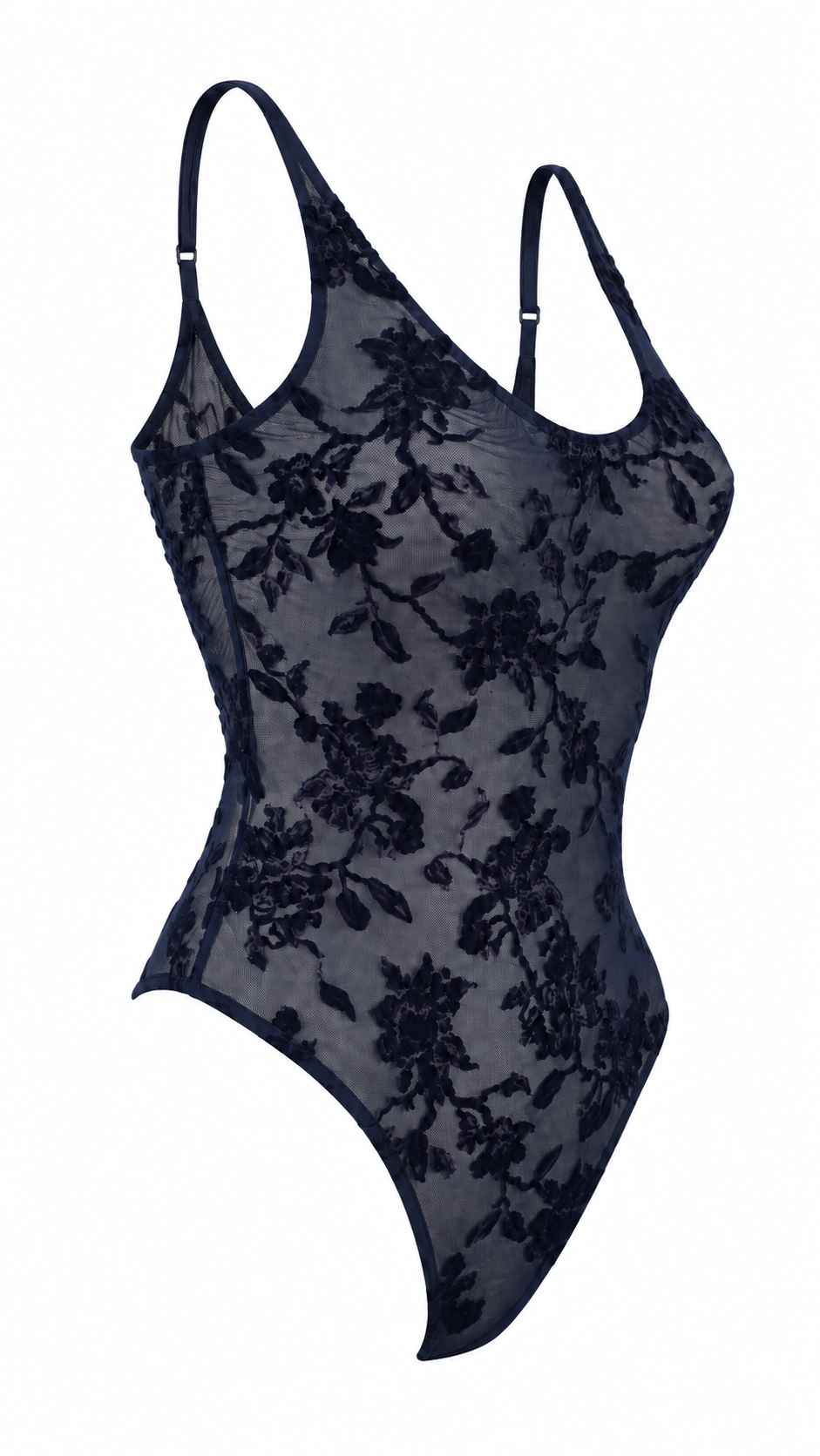 Body semitrasparente in tulle floreale floccato con spalline sottili regolabili