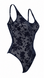 Body semitrasparente in tulle floreale floccato con spalline sottili regolabili