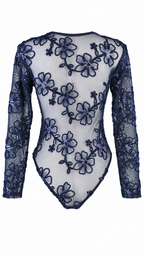 Body a maniche lunghe in tulle trasparente con ricami floreali e paillettes