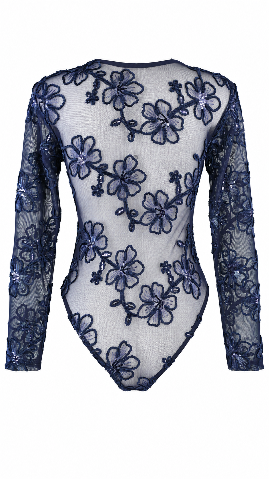 Body a maniche lunghe in tulle trasparente con ricami floreali e paillettes