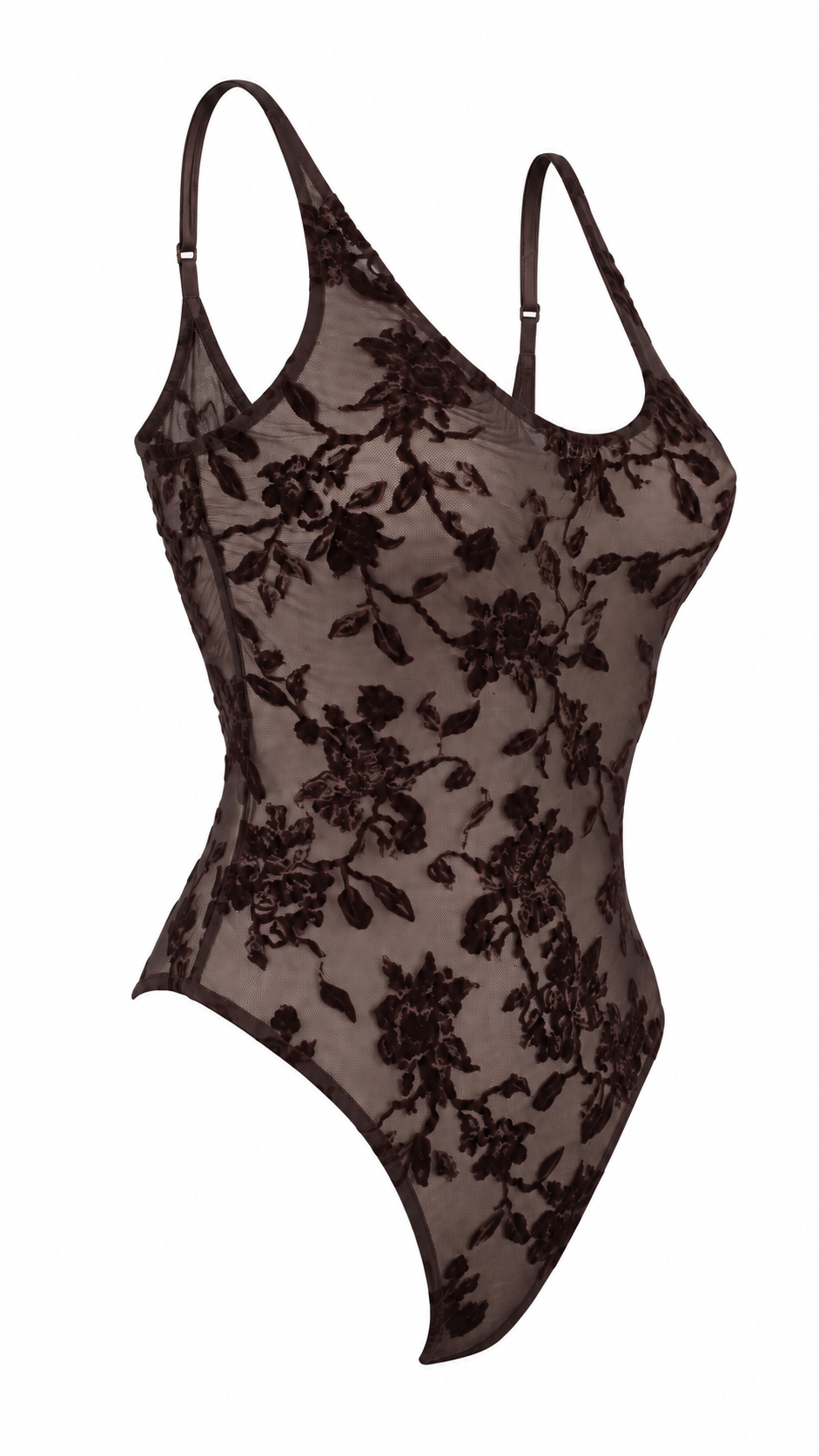 Body semitrasparente in tulle floreale floccato con spalline sottili regolabili