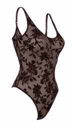 Body semitrasparente in tulle floreale floccato con spalline sottili regolabili