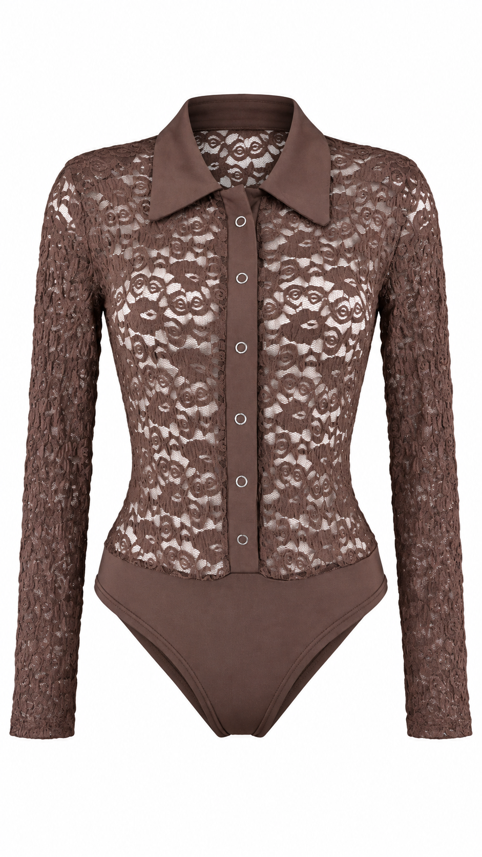 Body camicia in pizzo semitrasparente con colletto, bottoni frontali e maniche lunghe