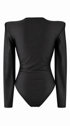 Body elegante a maniche lunghe con spalle strutturate e fascia drappeggiata annodata