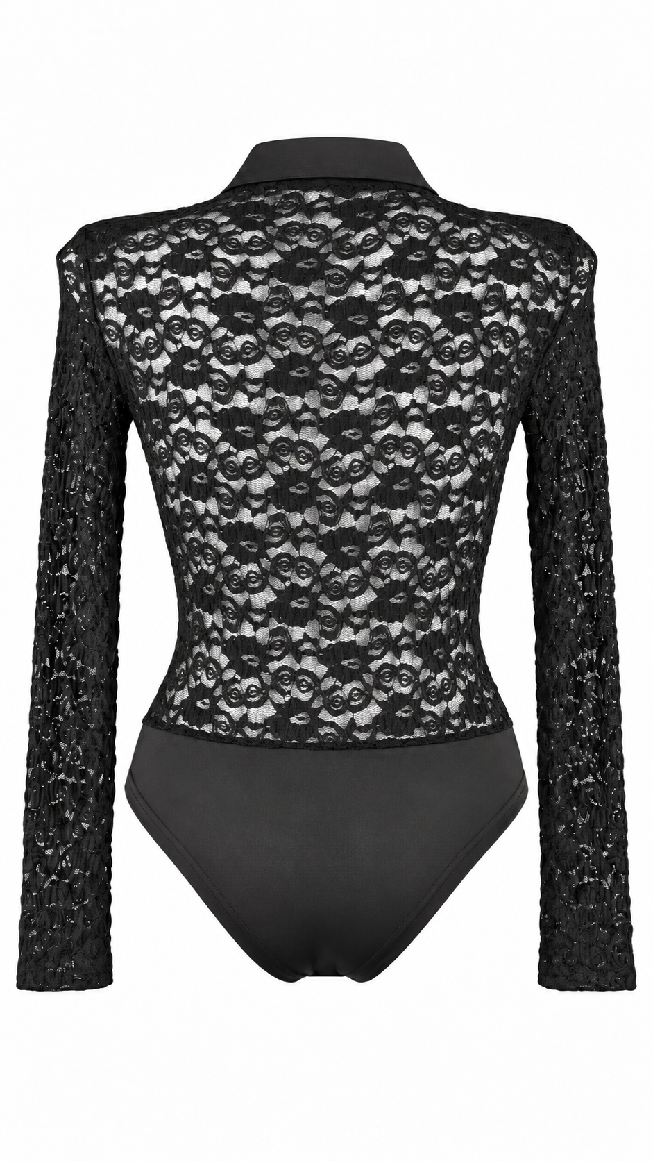 Body camicia in pizzo semitrasparente con colletto, bottoni frontali e maniche lunghe