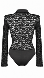 Body camicia in pizzo semitrasparente con colletto, bottoni frontali e maniche lunghe