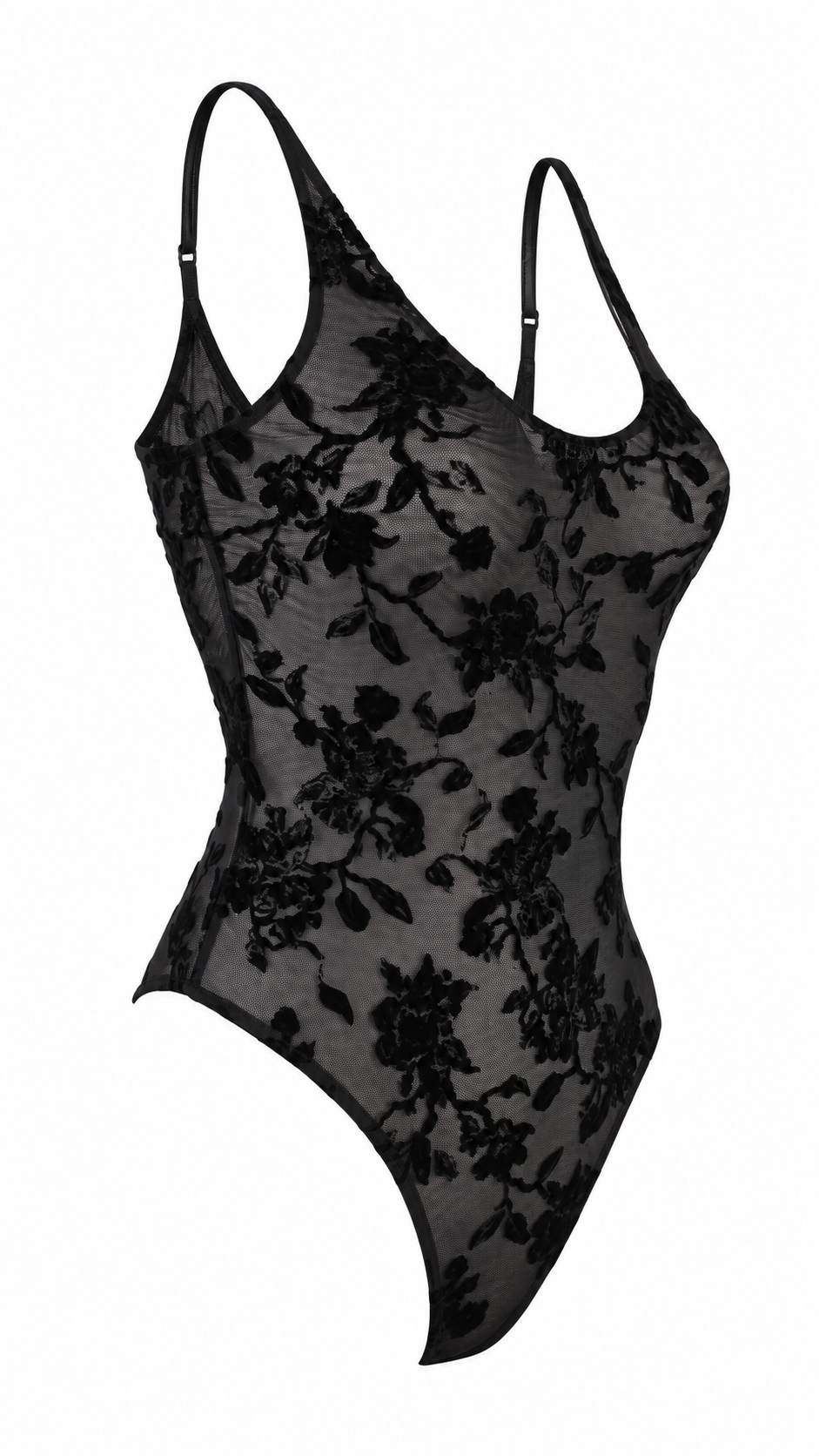 Body semitrasparente in tulle floreale floccato con spalline sottili regolabili