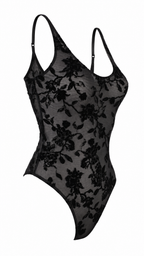 Body semitrasparente in tulle floreale floccato con spalline sottili regolabili