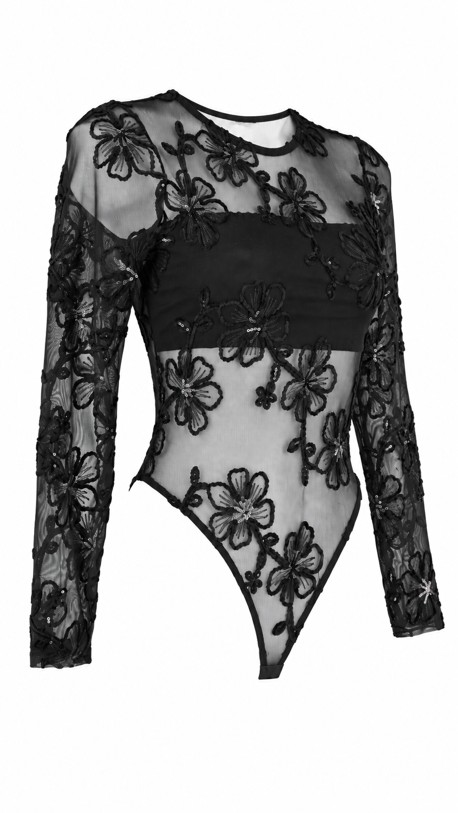 Body a maniche lunghe in tulle trasparente con ricami floreali e paillettes